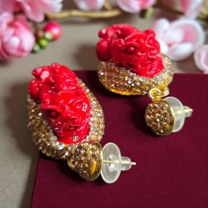 18k Gold Plated Pixiu Guardian Of Wealth & Fortune Jeweled Talisman Earrings